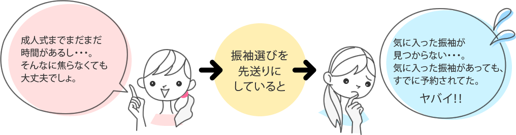 気に入った振袖が見つからない・・・。気に入った振袖があっても、すでに予約されてた。ヤバイ！！