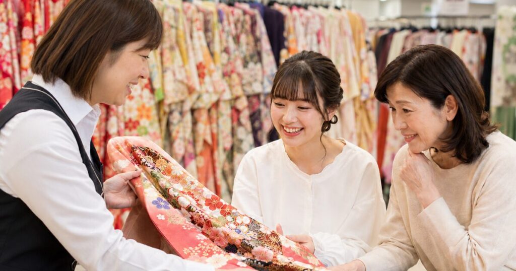 店員と振袖選びをする母娘
